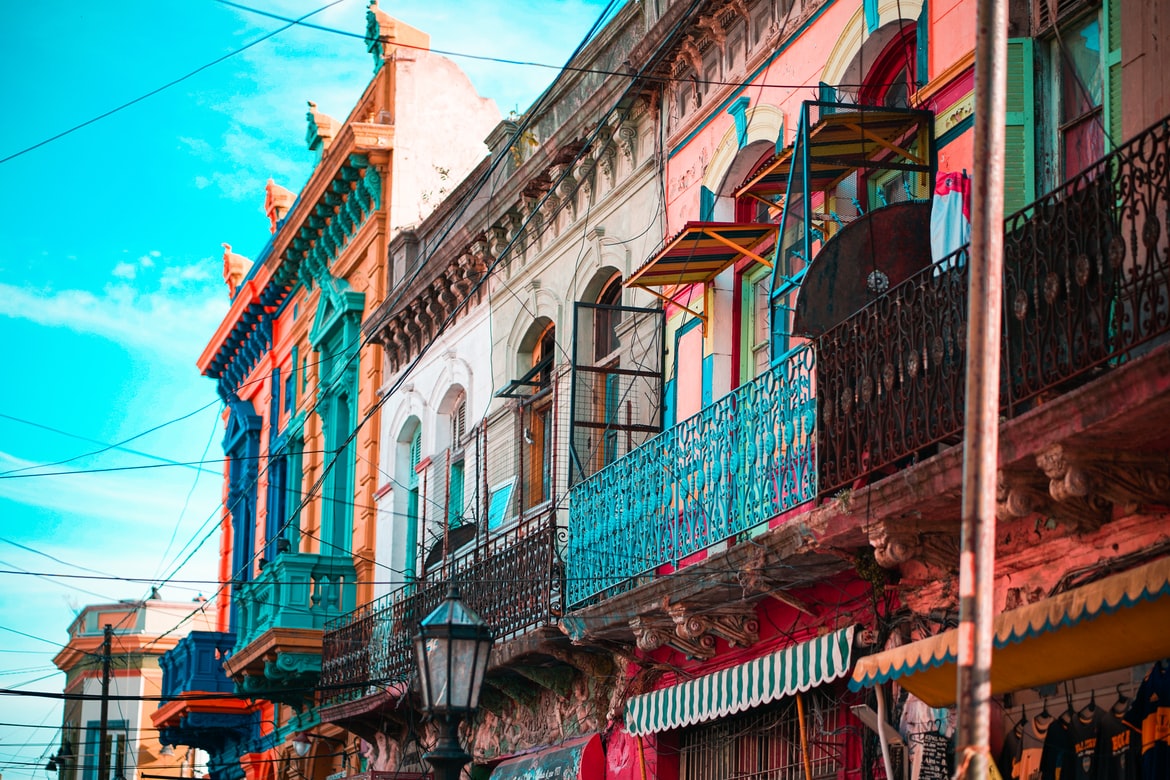 Colorful old houses with balconies