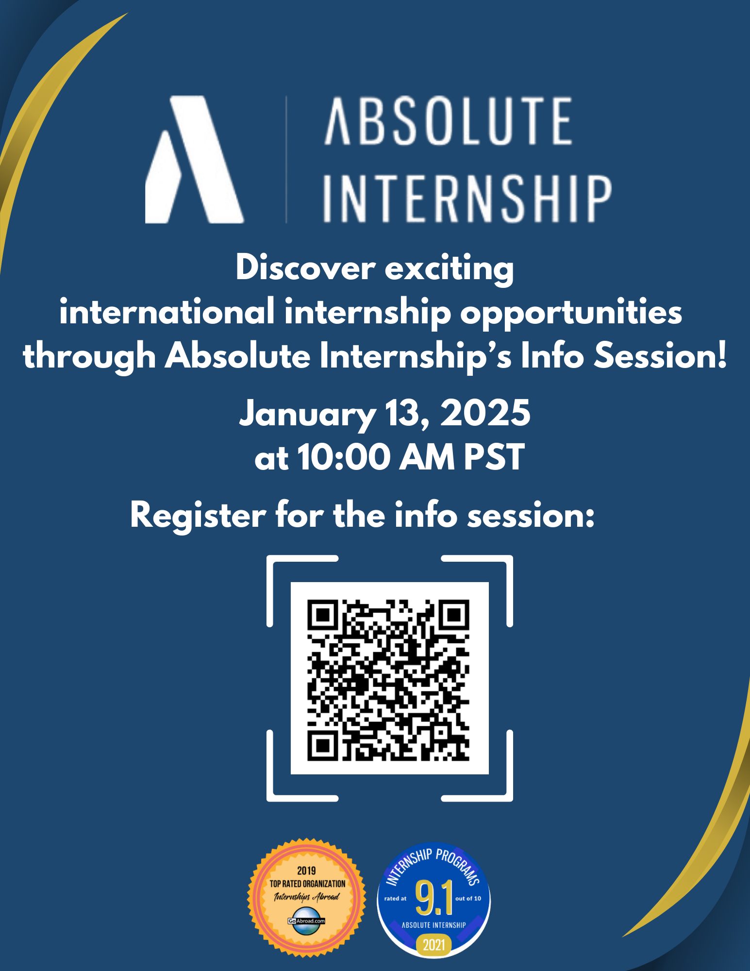 Join Absolute Internship for an informative session about our exciting 2025 Summer and Fall Internship Programs! Discover the wide range of industries available, including Business Development, Graphic Design, Non-Profit, and more. Learn about our global internship locations, from bustling cities like Barcelona, London, and Tokyo, to emerging hubs like Shanghai and Bangkok. Our programs offer hands-on experience, professional development, and cultural immersion, providing the perfect opportunity to kickstart your career. Don’t miss out—attend our session to find out how you can make the most of this life-changing experience! We would like to schedule an info session on January 13, 2025 at 10:00 AM (Pacific Time).