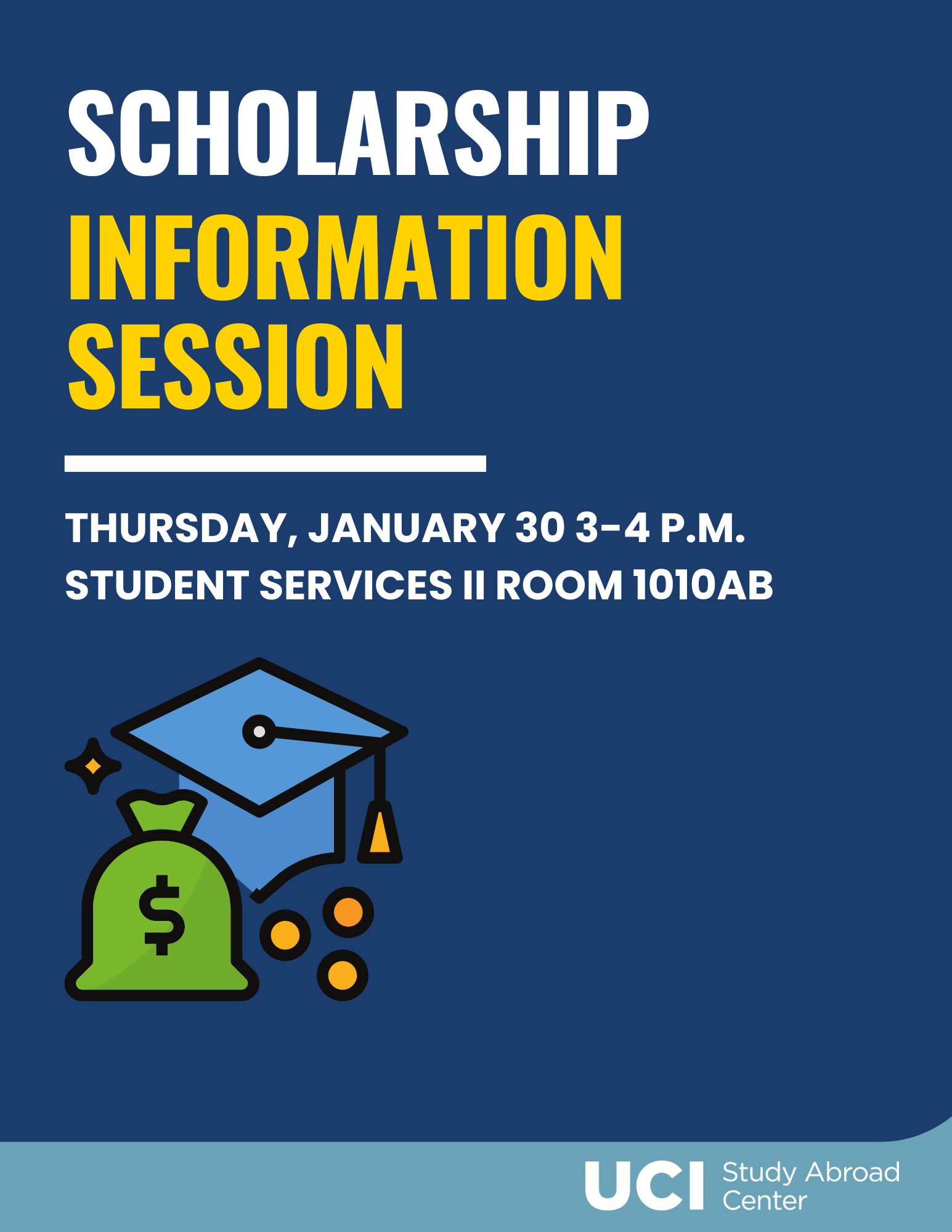 Get helpful tips for how to search for study abroad scholarships, advice for how to write a compelling scholarship essay, and information about highlighted scholarship opportunities! This information session is co-hosted by the Study Abroad Center and Scholarship Opportunities Program and will feature returnee panelists who have received scholarship awards. This will take place Thursday, January 30 3-4 p.m. in Student Services II (Room 1010AB) Same building as Study Abroad Center